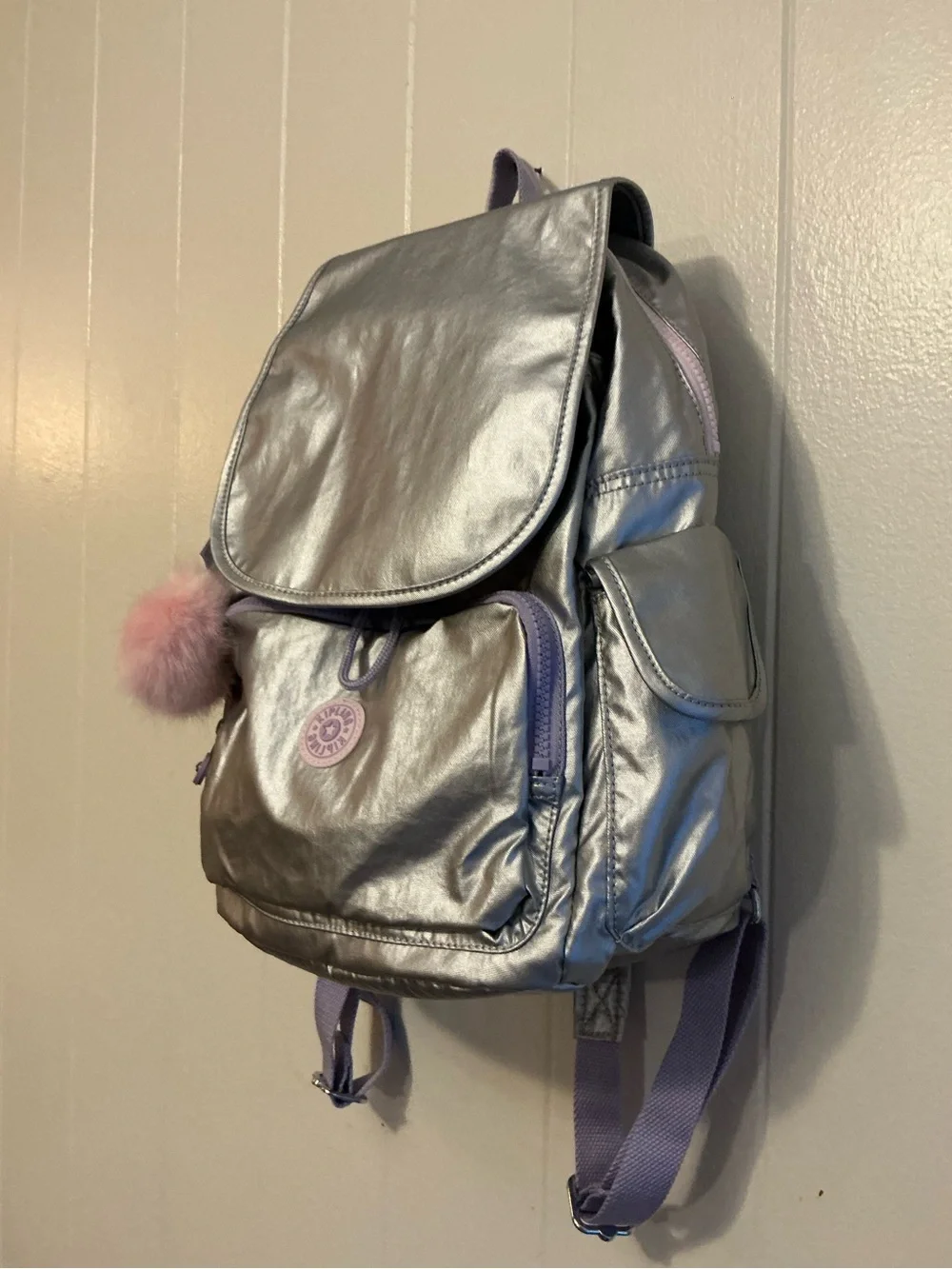 NWT Kipling city pack Metallic Backpack Purple Straps Monkey Zip Pockets Bag